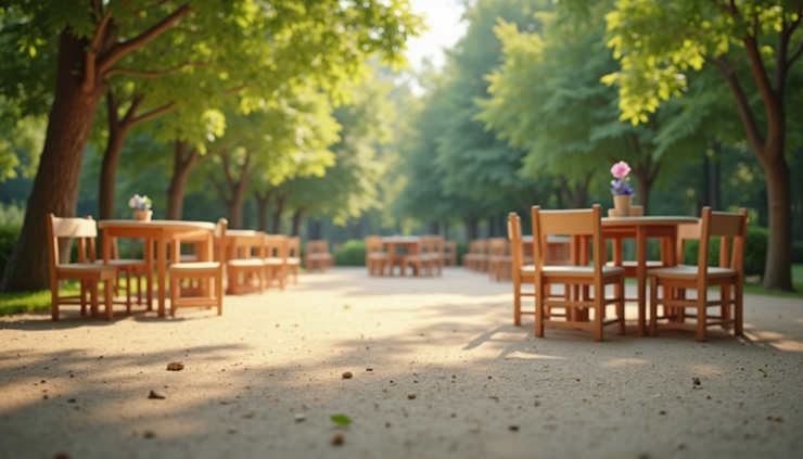 Eye-level view of a summer camp activity area with empty chairs and tables arranged outdoors