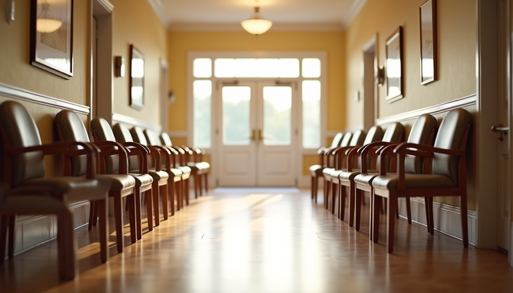 Eye-level view of a senior living facility hallway with empty chairs and soft lighting