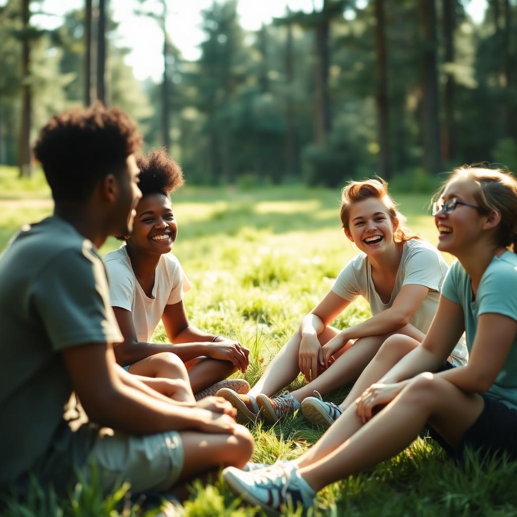 Teenagers gathered together outdoors at a summer camp
