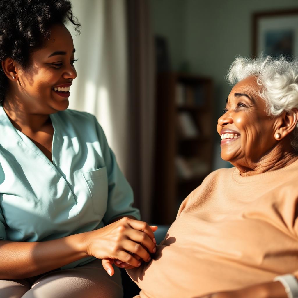 A caregiver sitting with an elderly woman, holding her hand