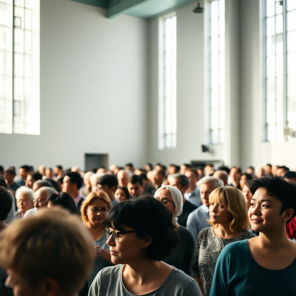 A diverse congregation gathered in a bright community space