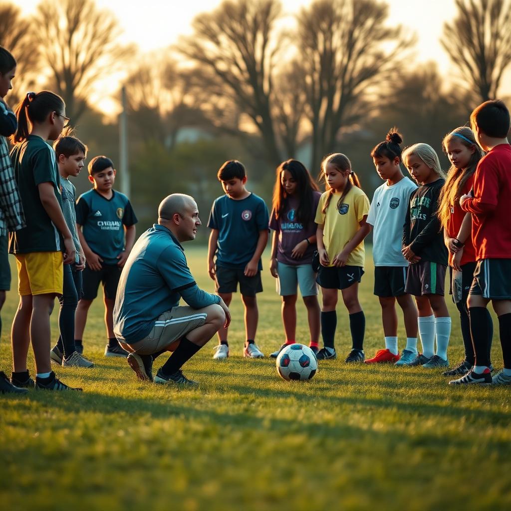 A youth sports coach talking with young athletes on a field
