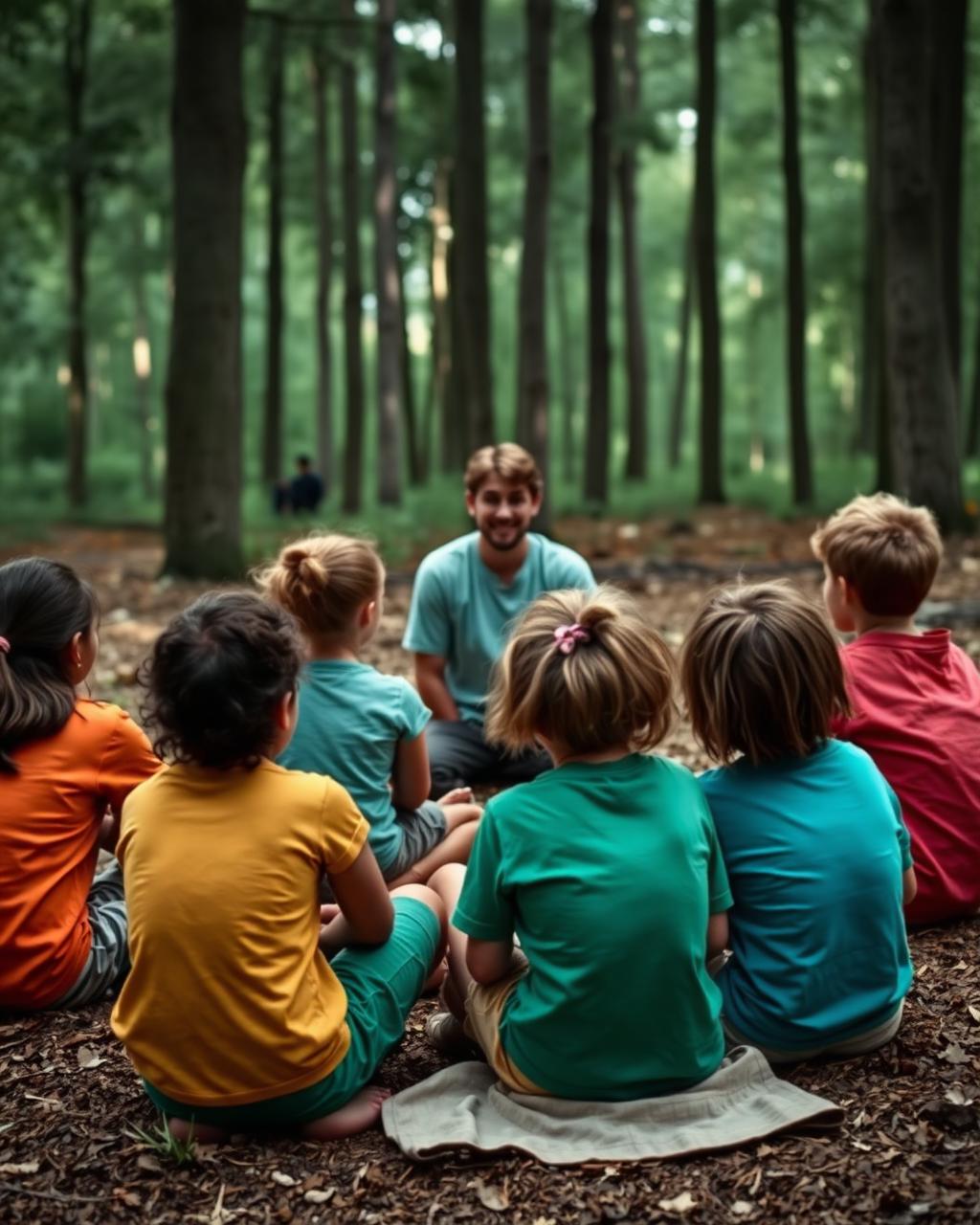 A camp counselor sitting in a circle with a group of children outdoors